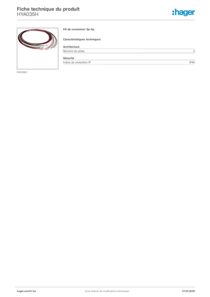 Image Hager Fiche technique du produit HYA035H | Hager Belgique