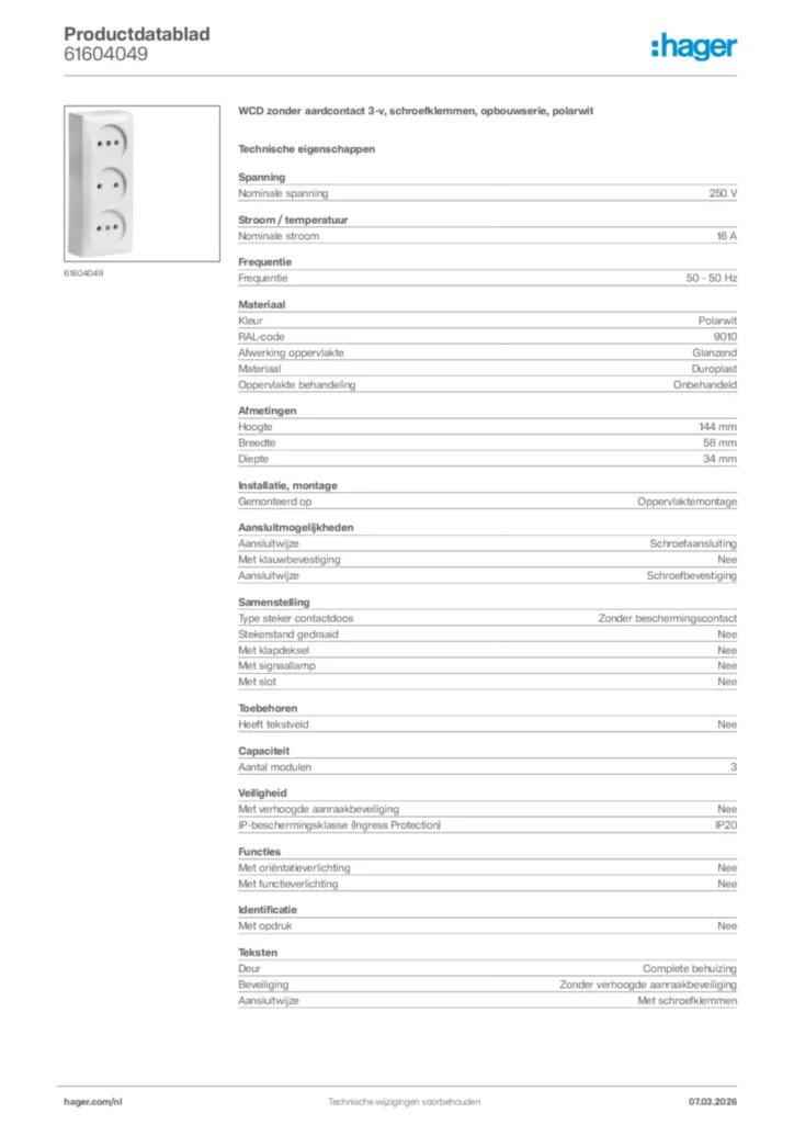 Afbeelding Hager Productdatablad 61604049 | Hager Nederland