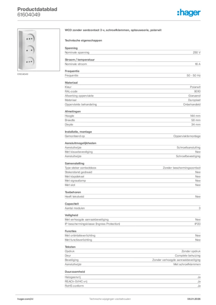 Afbeelding Hager Productdatablad 61604049 | Hager Nederland