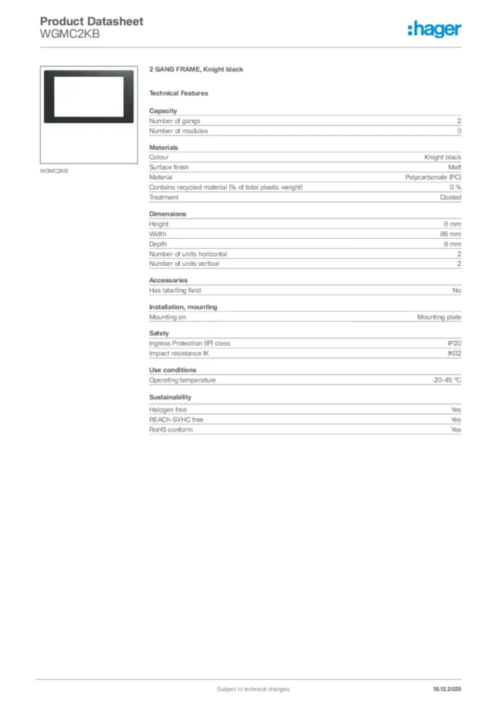 Image Hager Product data sheet WGMC2KB  | Hager