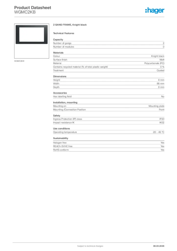 Image Hager Product data sheet WGMC2KB  | Hager