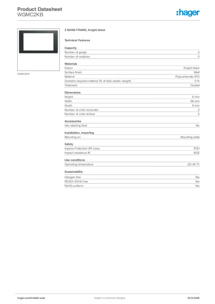 Image Hager Product data sheet WGMC2KB  | Hager