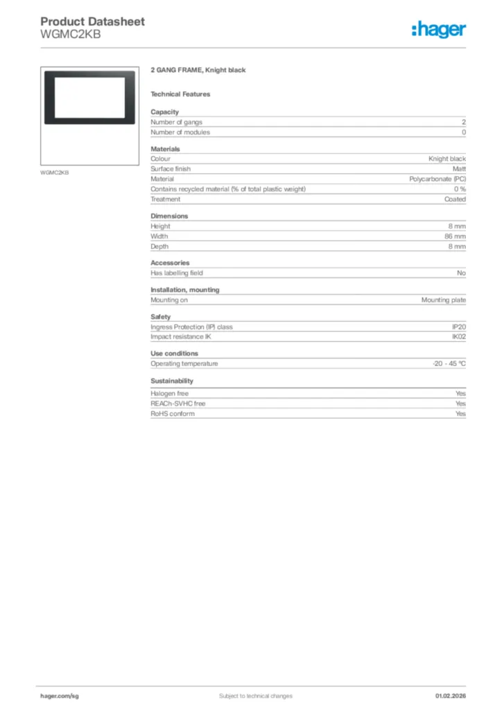 Image Hager Product data sheet WGMC2KB  | Hager
