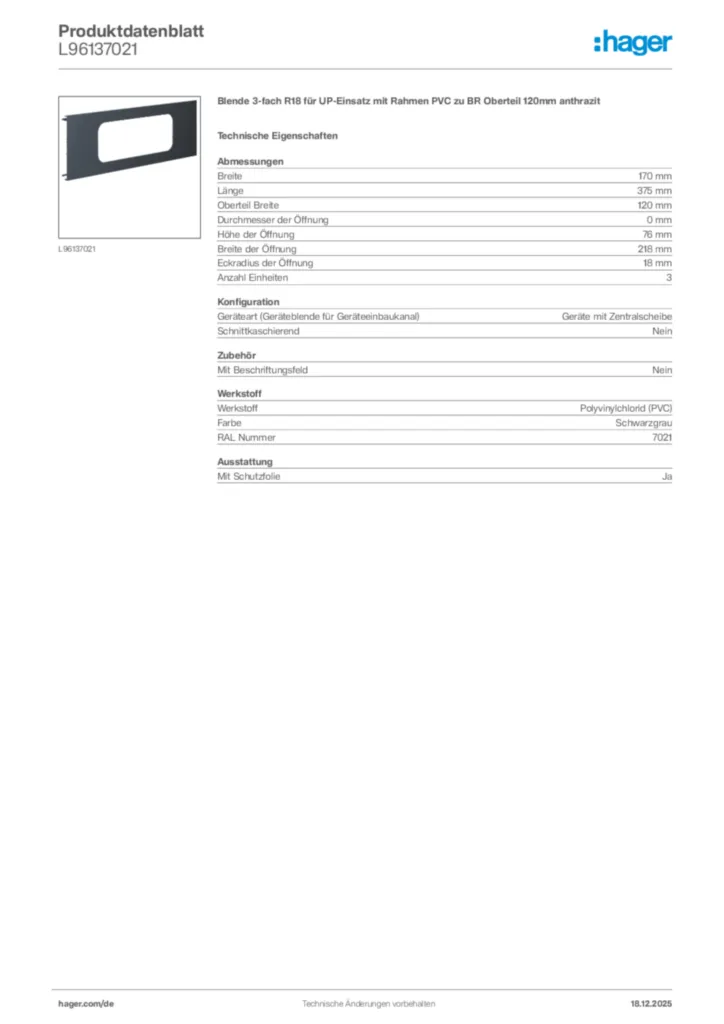 Bild Hager Produktdatenblatt L96137021 | Hager Deutschland