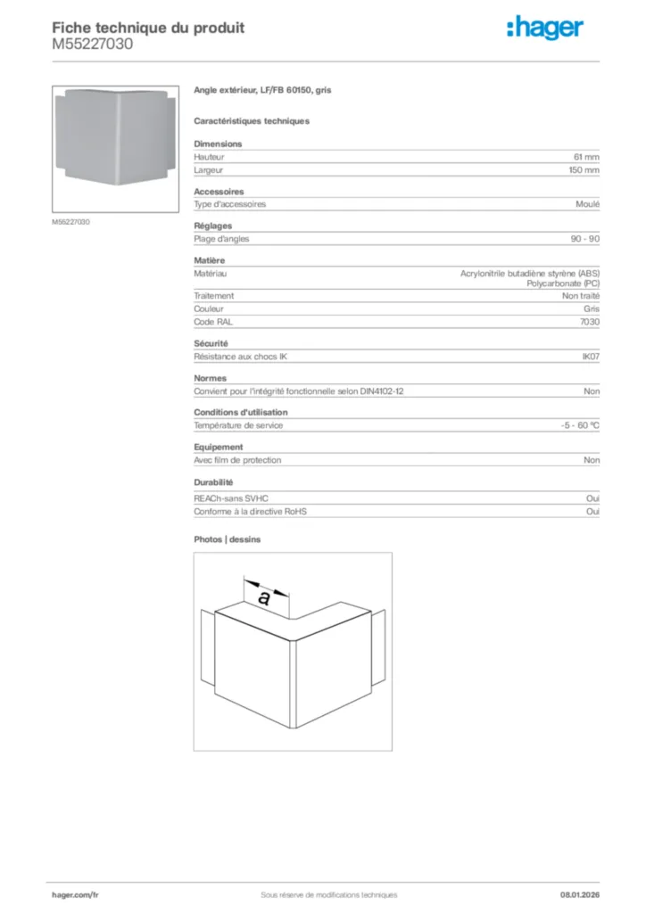 Image Hager Fiche technique du produit M55227030 | Hager France