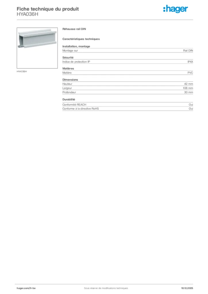 Image Hager Fiche technique du produit HYA036H | Hager Belgique