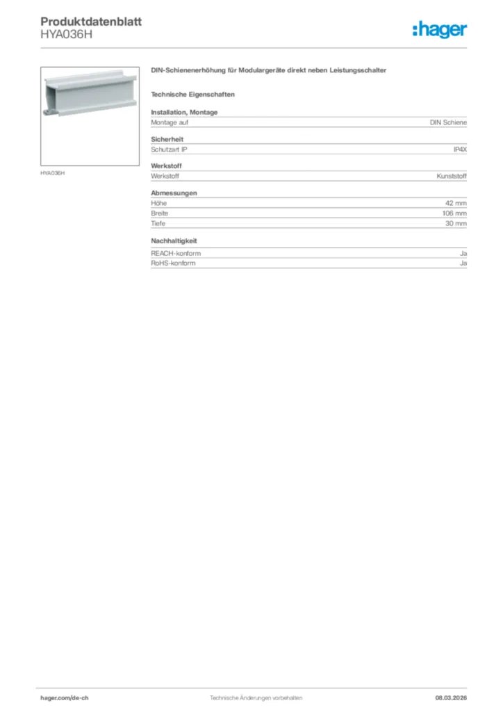 Bild Hager Produktdatenblatt HYA036H | Hager Schweiz