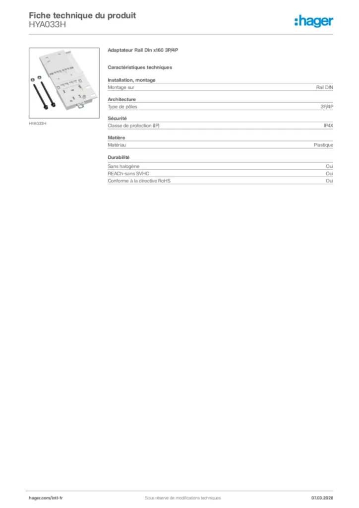 Image Hager Fiche technique du produit HYA033H | Hager Afrique