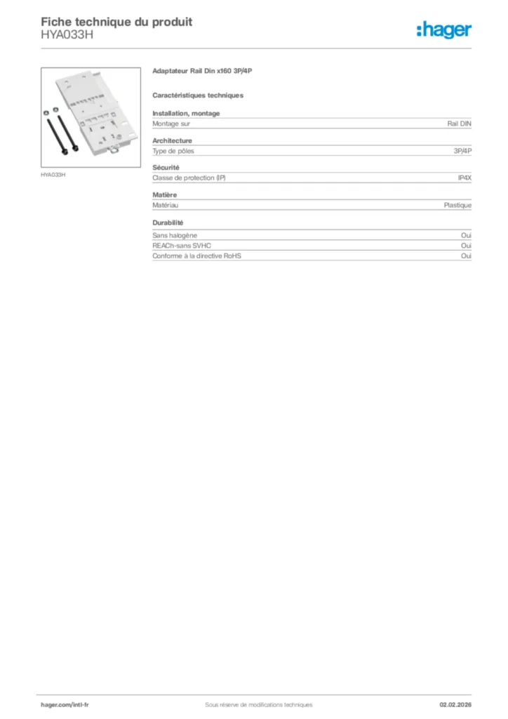 Image Hager Fiche technique du produit HYA033H | Hager Afrique