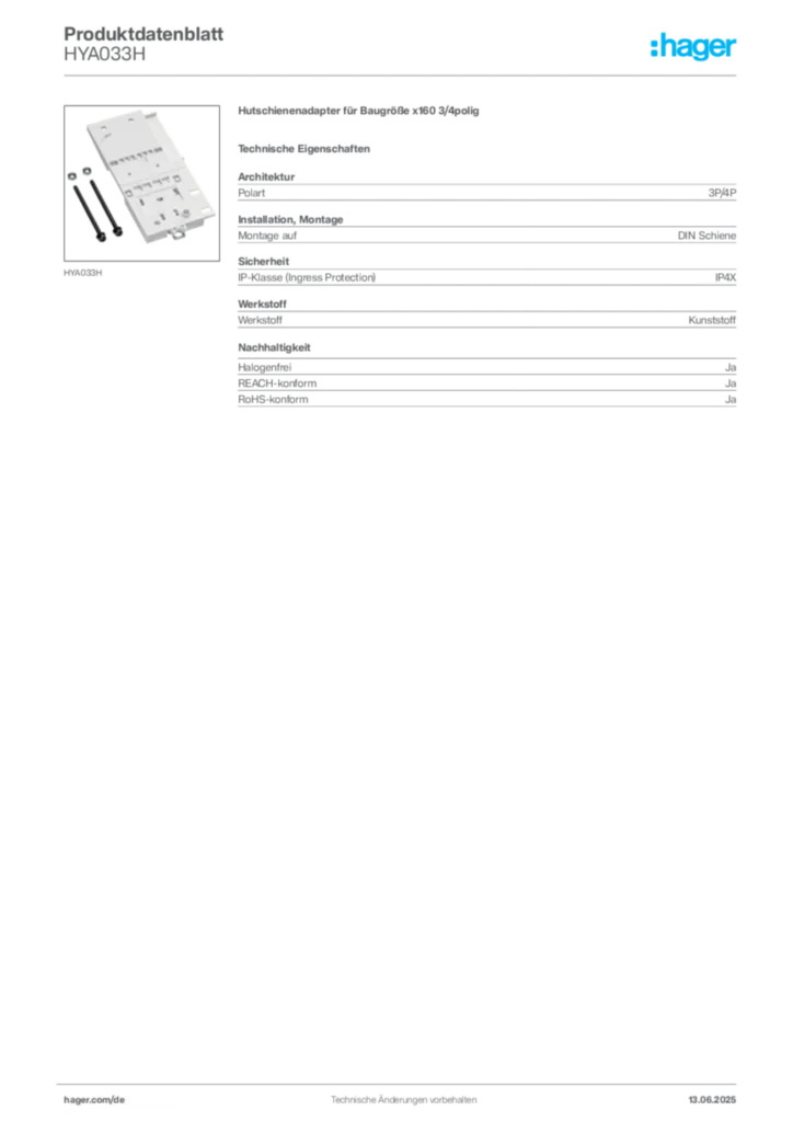 Hager Produktdatenblatt HYA033H