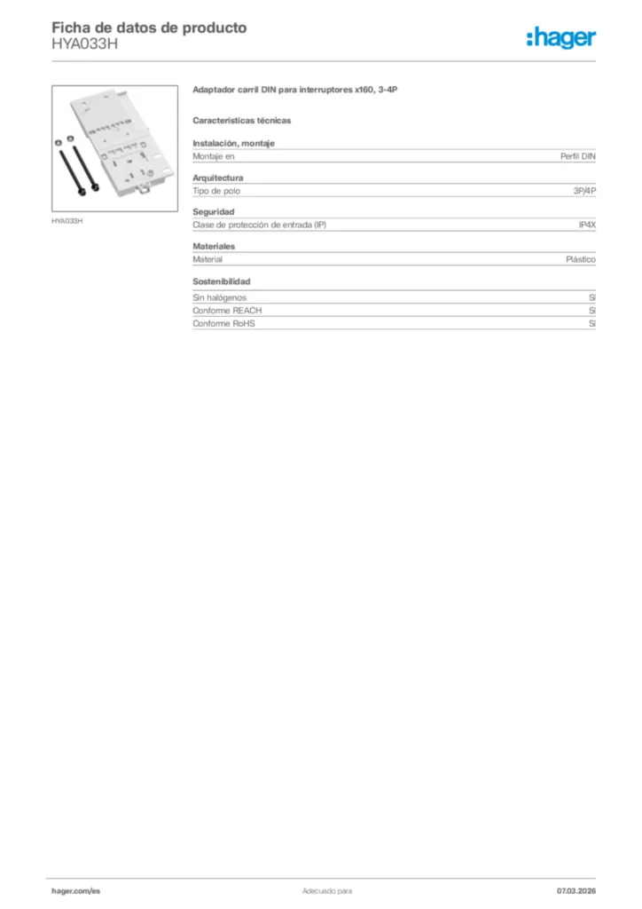 Imagen Hager Ficha de datos de producto HYA033H | Hager España