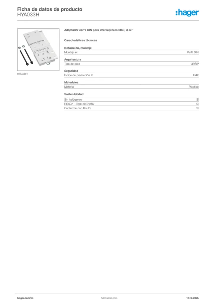 Imagen Hager Ficha de datos de producto HYA033H | Hager España