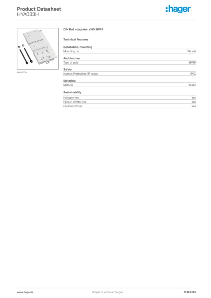 Image Hager Product data sheet HYA033H  | Hager