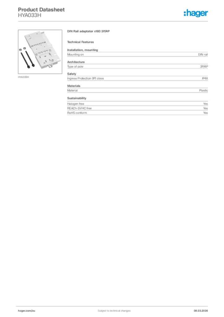 Image Hager Product data sheet HYA033H  | Hager Australia