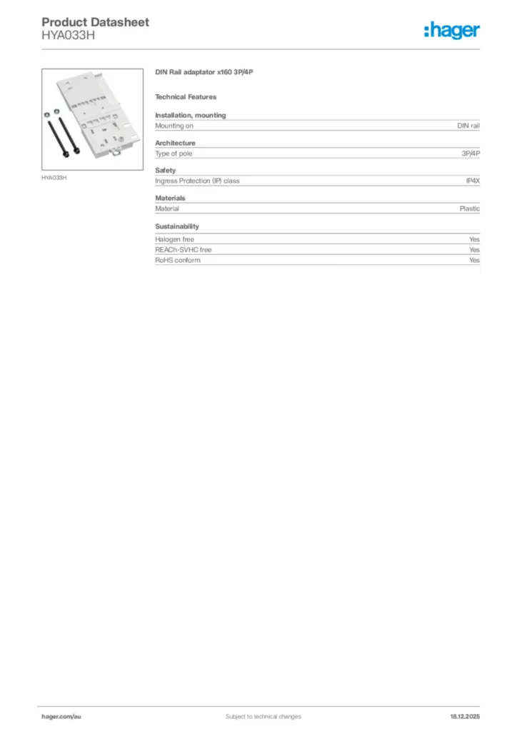 Image Hager Product data sheet HYA033H  | Hager Australia