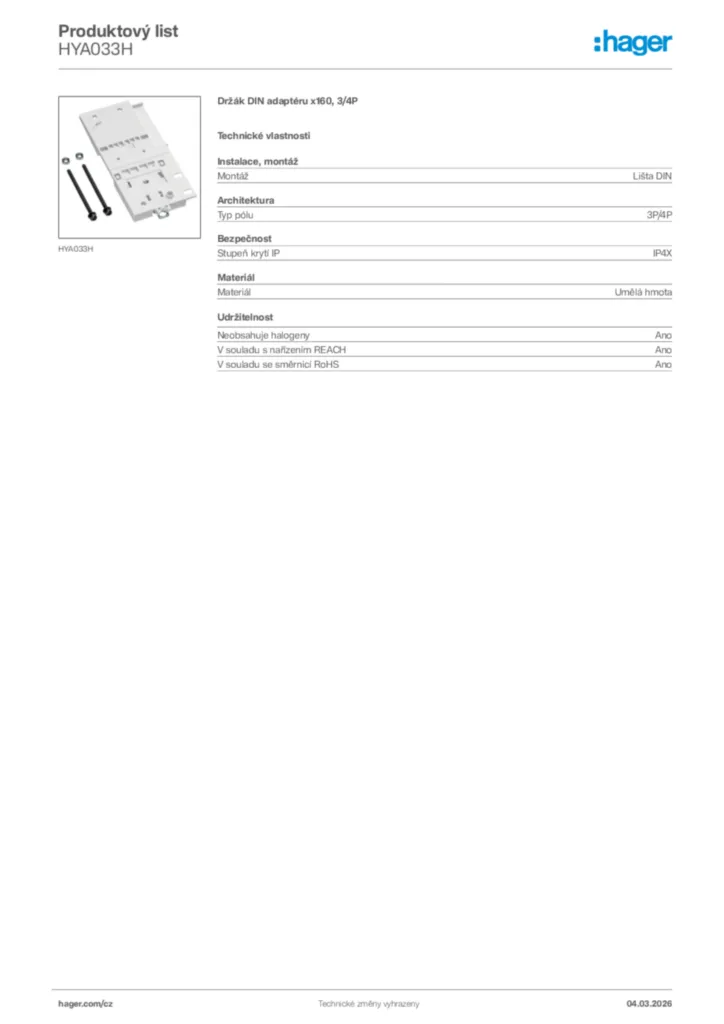 Obrázek Hager Product data sheet HYA033H | Hager