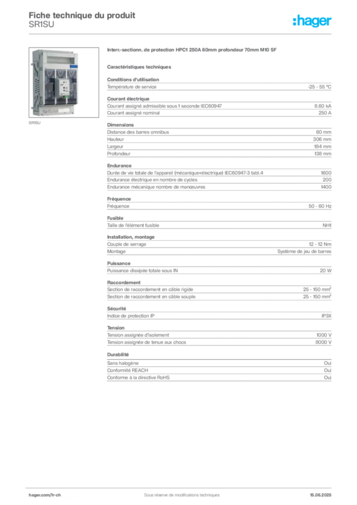 Image Hager Fiche technique du produit SR1SU | Hager Suisse