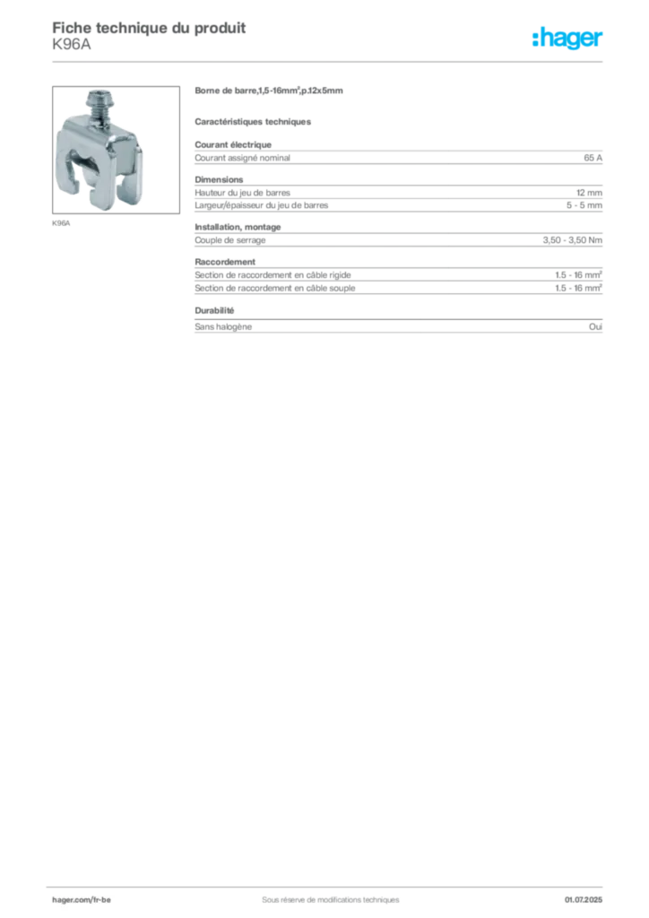 Image Hager Fiche technique du produit K96A | Hager Belgique