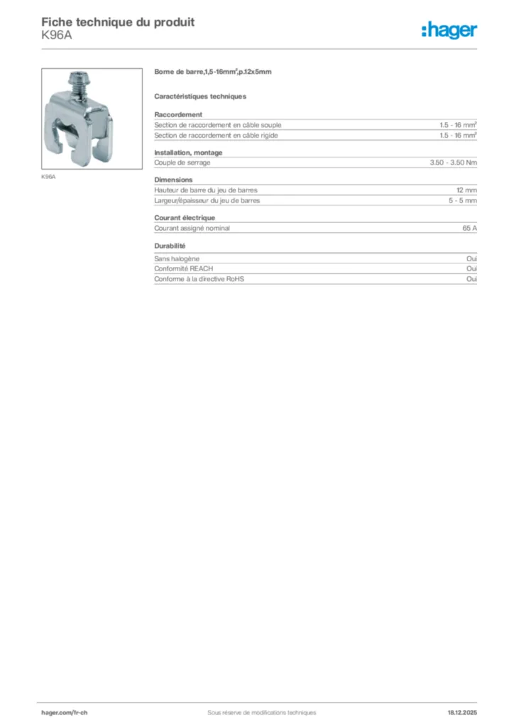 Image Hager Fiche technique du produit K96A | Hager Suisse