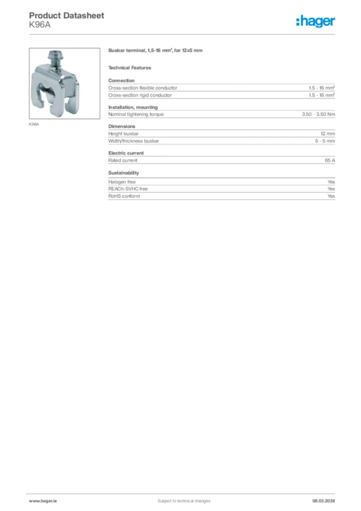 Image Hager Product data sheet K96A  | Hager