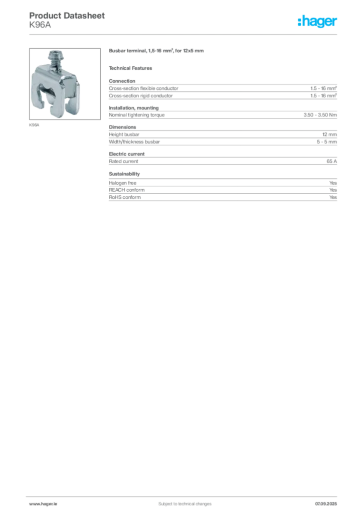 Image Hager Product data sheet K96A  | Hager