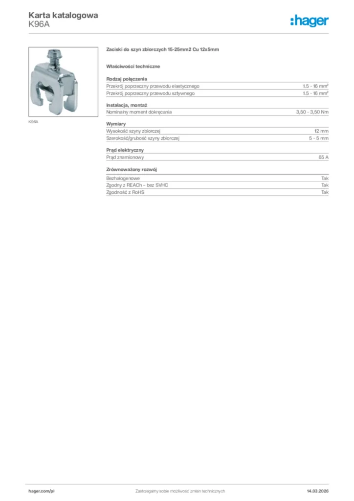 Zdjęcie Hager Karta katalogowa K96A | Hager Polska