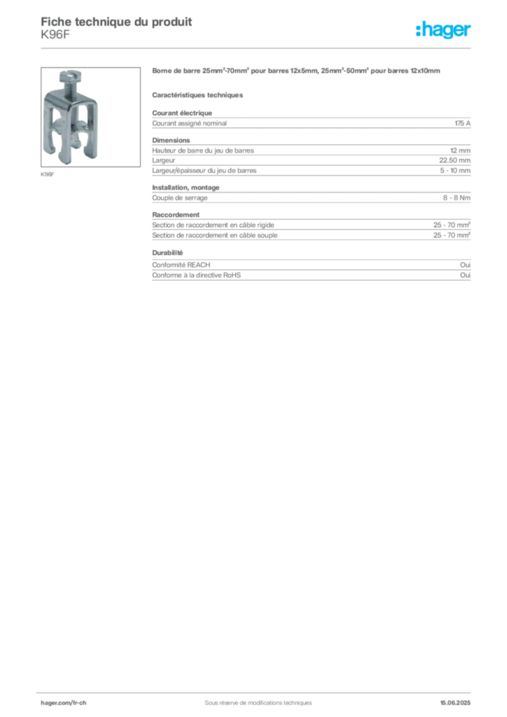 Image Hager Fiche technique du produit K96F | Hager Suisse