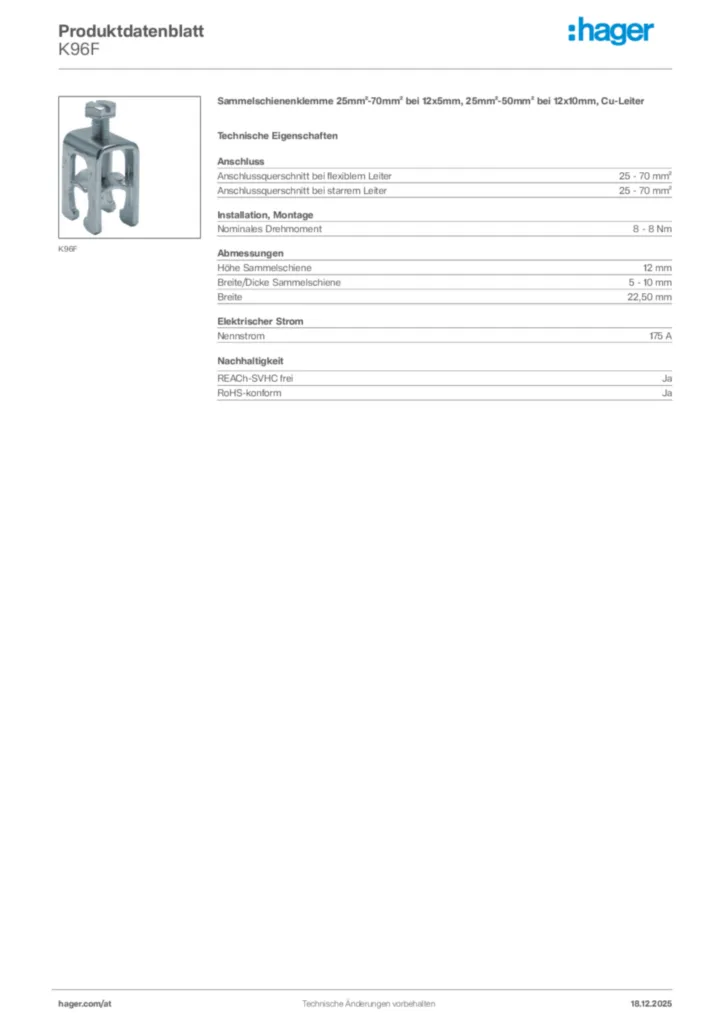Bild Hager Produktdatenblatt K96F | Hager Deutschland