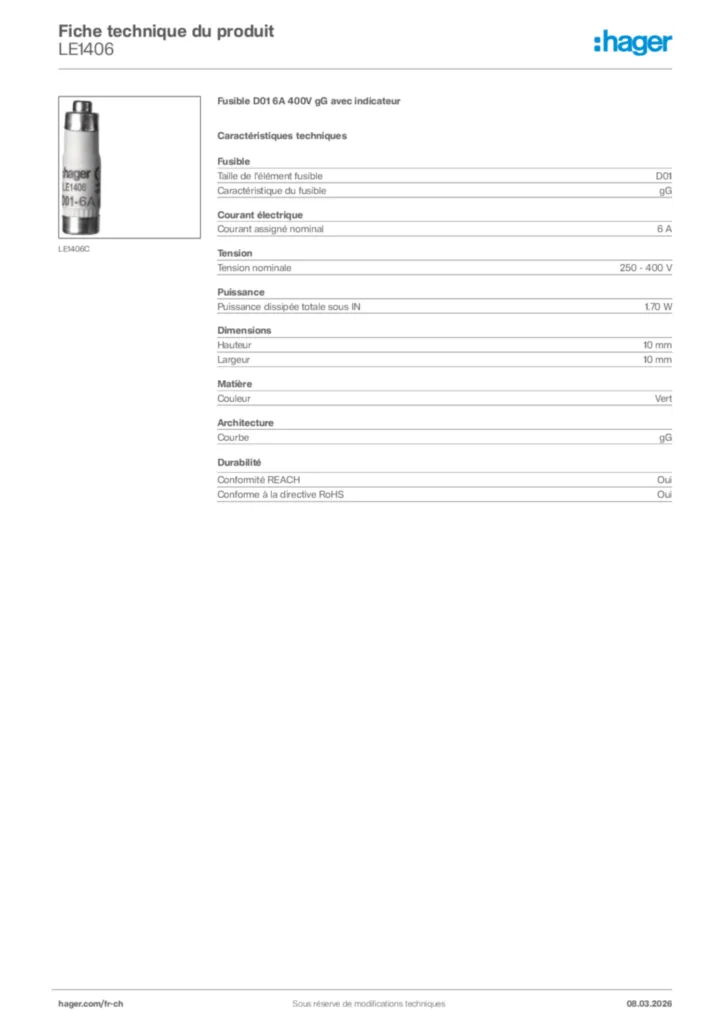 Image Hager Fiche technique du produit LE1406 | Hager Suisse