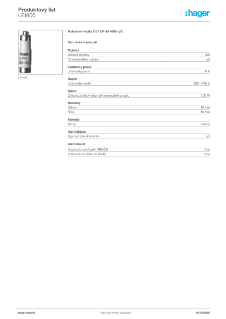Obrázek Hager Produktový list LE1406 | Hager