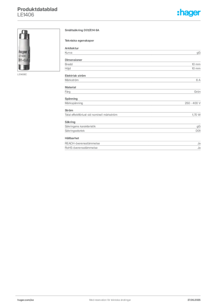 Bild Hager Produktdatablad LE1406 | Hager Sverige