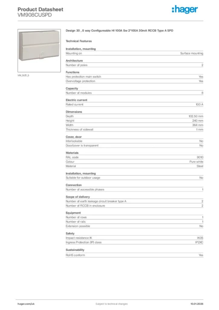 Image Hager Product data sheet VM908CUSPD  | Hager
