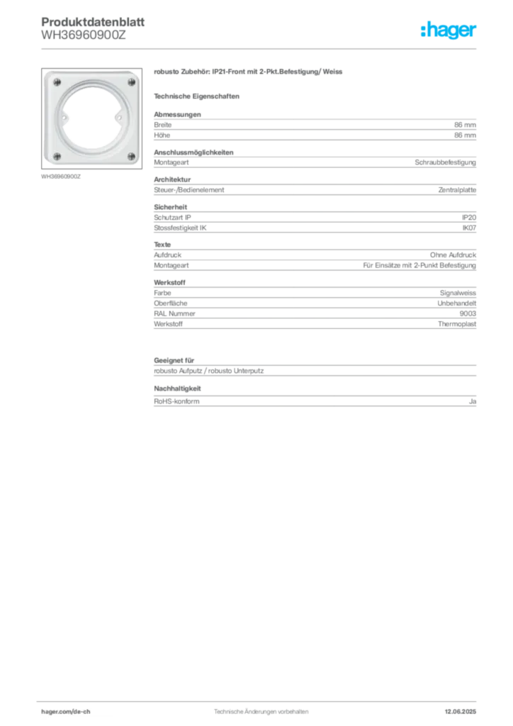 Bild Hager Produktdatenblatt WH36960900Z | Hager Schweiz