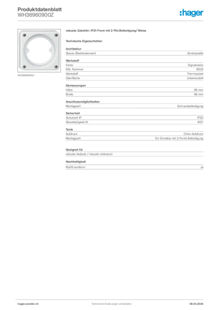 Bild Hager Produktdatenblatt WH36960900Z | Hager Schweiz