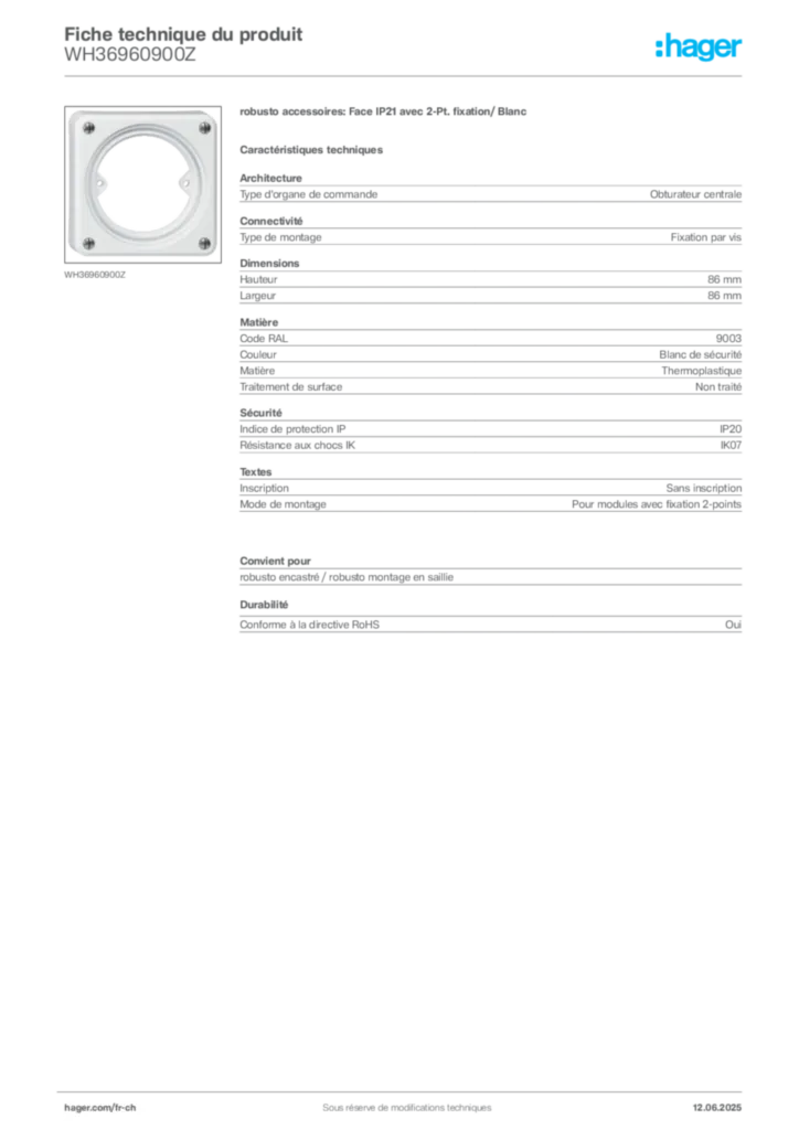 Image Hager Fiche technique du produit WH36960900Z | Hager Suisse