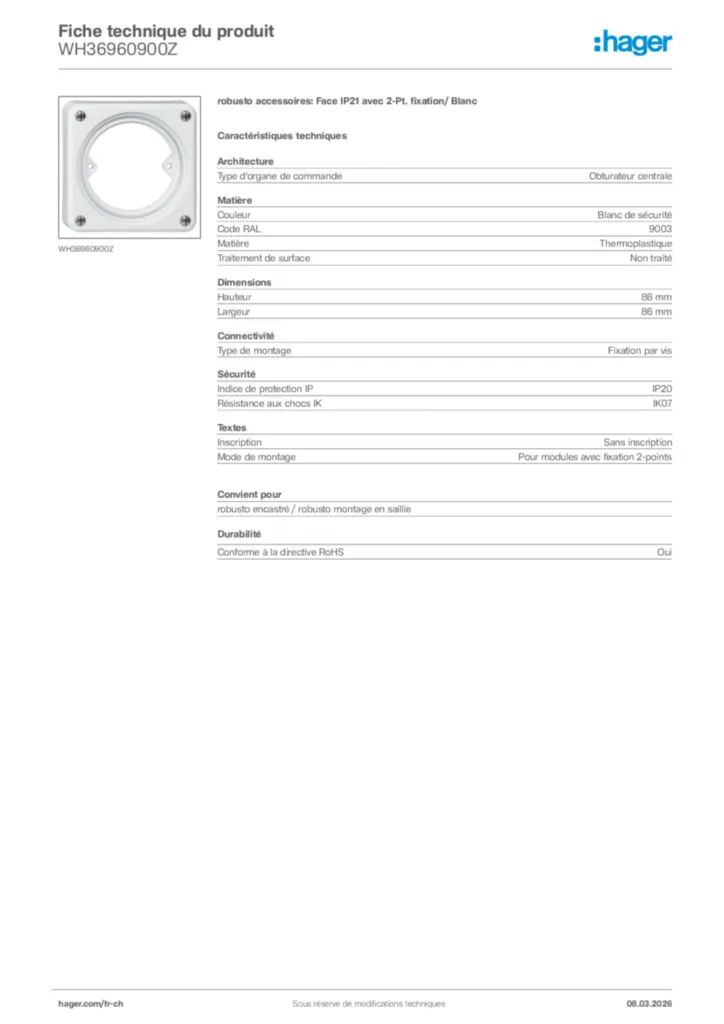 Image Hager Fiche technique du produit WH36960900Z | Hager Suisse