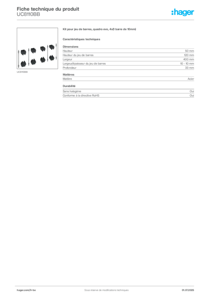 Image Hager Fiche technique du produit UC8110BB | Hager Belgique