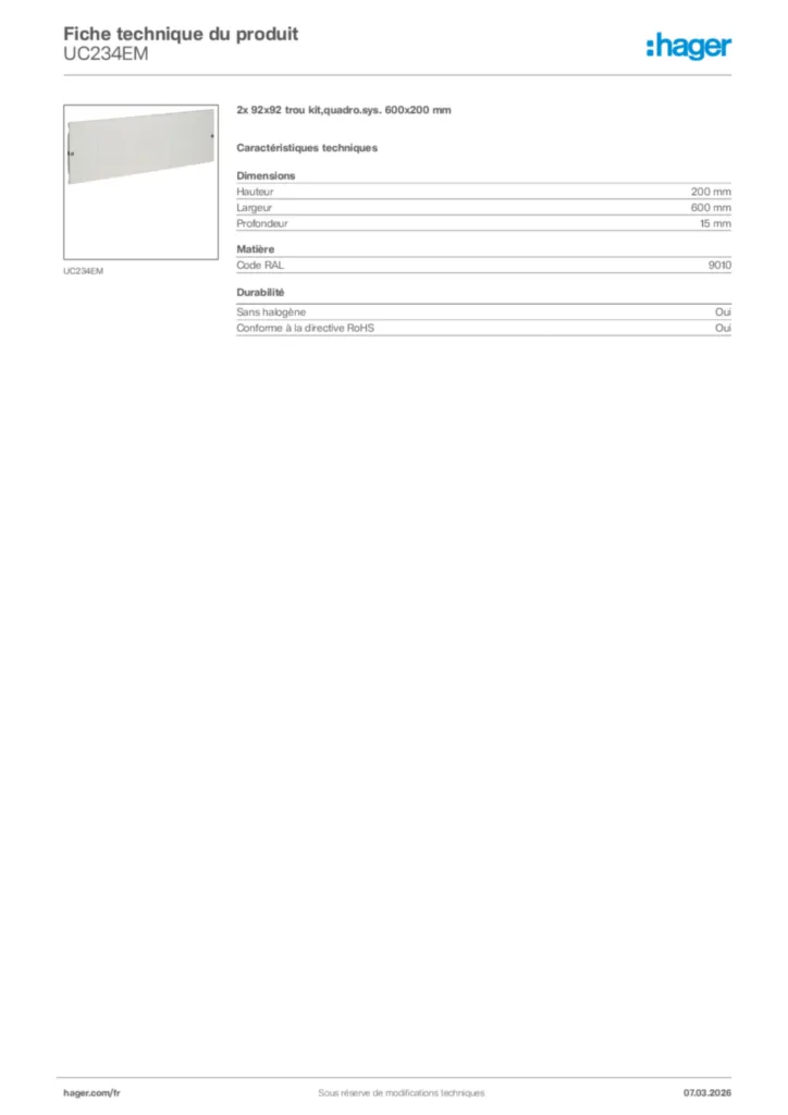 Image Hager Fiche technique du produit UC234EM | Hager France