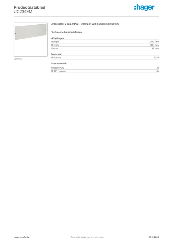 Afbeelding Hager Productdatablad UC234EM | Hager Belgium