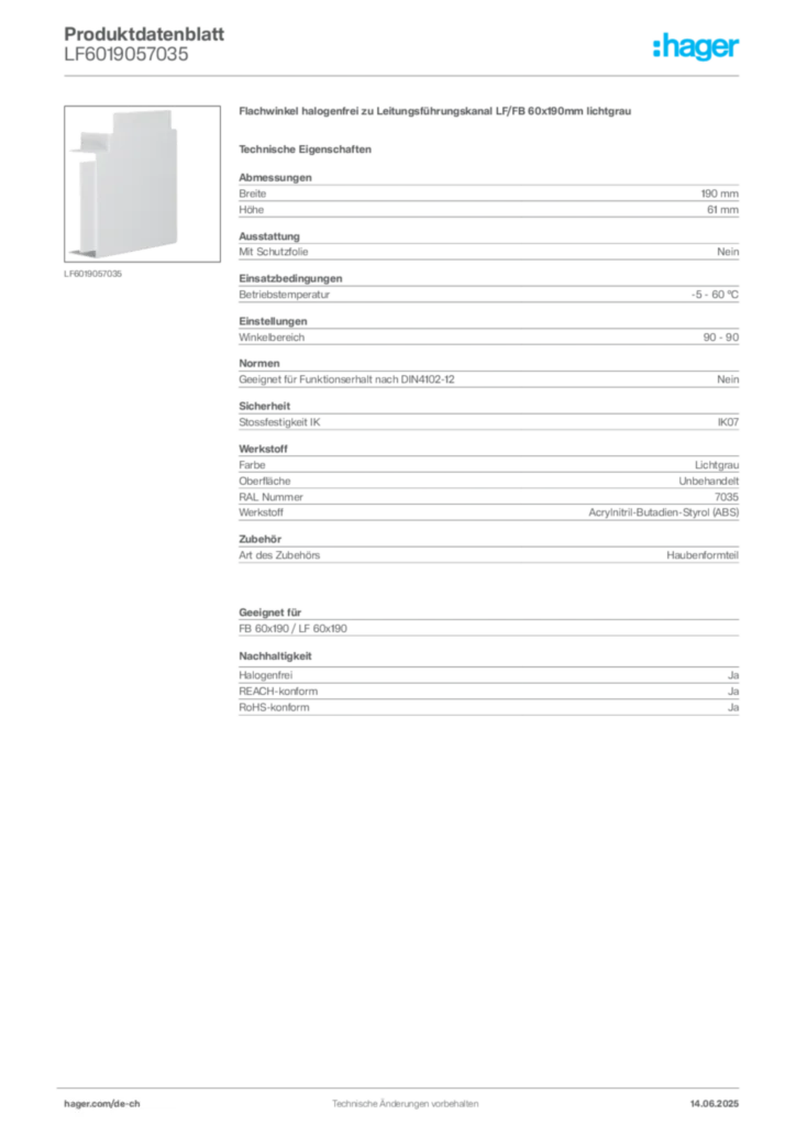 Bild Hager Produktdatenblatt LF6019057035 | Hager Schweiz