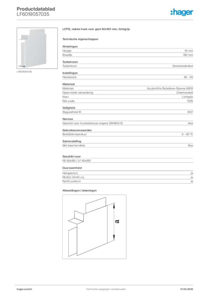 Afbeelding Hager Productdatablad LF6019057035 | Hager Nederland