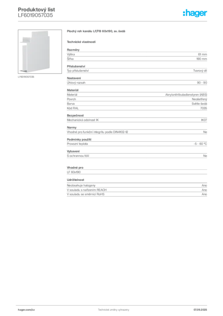 Obrázek Hager Produktový list LF6019057035 | Hager