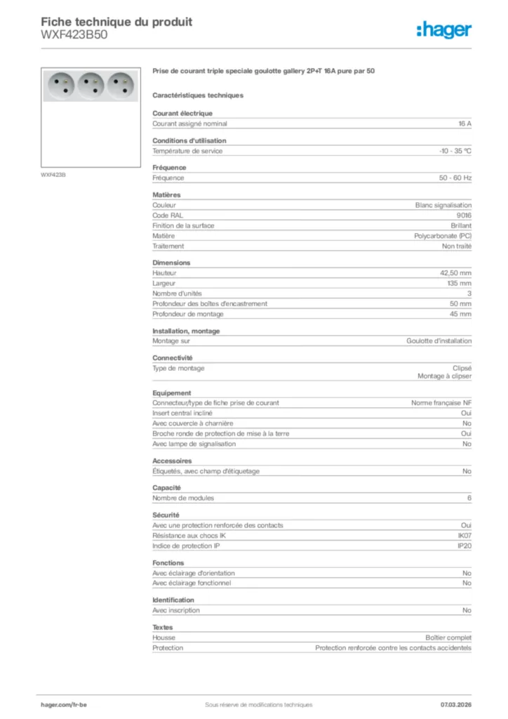Image Hager Fiche technique du produit WXF423B50 | Hager Belgique