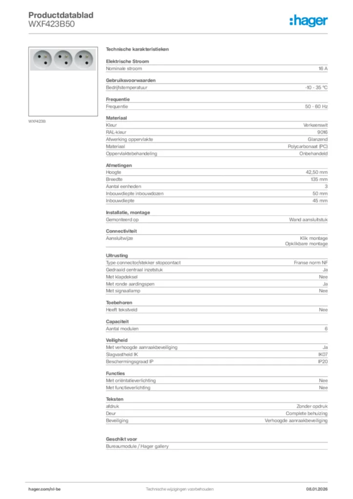 Afbeelding Hager Productdatablad WXF423B50 | Hager Belgium
