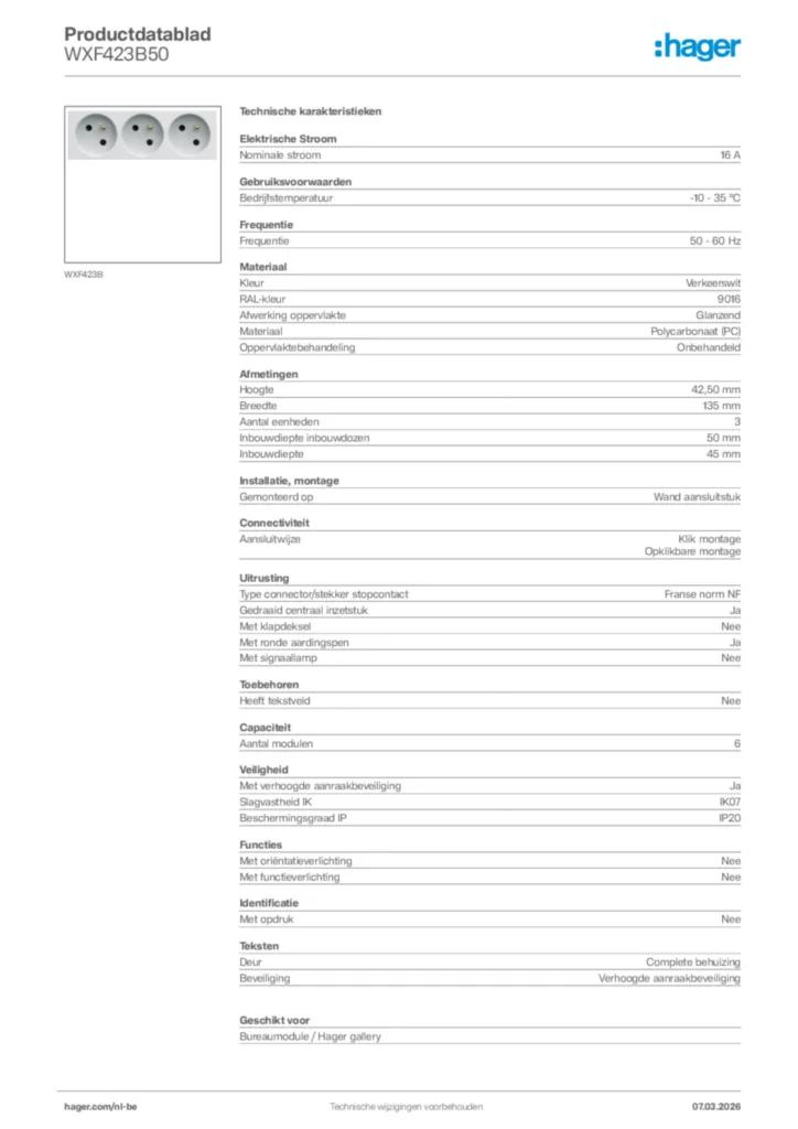 Afbeelding Hager Productdatablad WXF423B50 | Hager Belgium