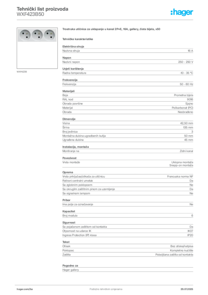 Slika Hager Product data sheet WXF423B50  | Hager