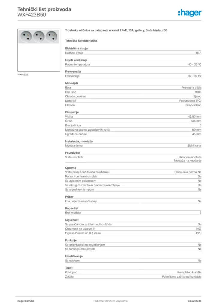 Slika Hager Tehnički list proizvoda WXF423B50  | Hager