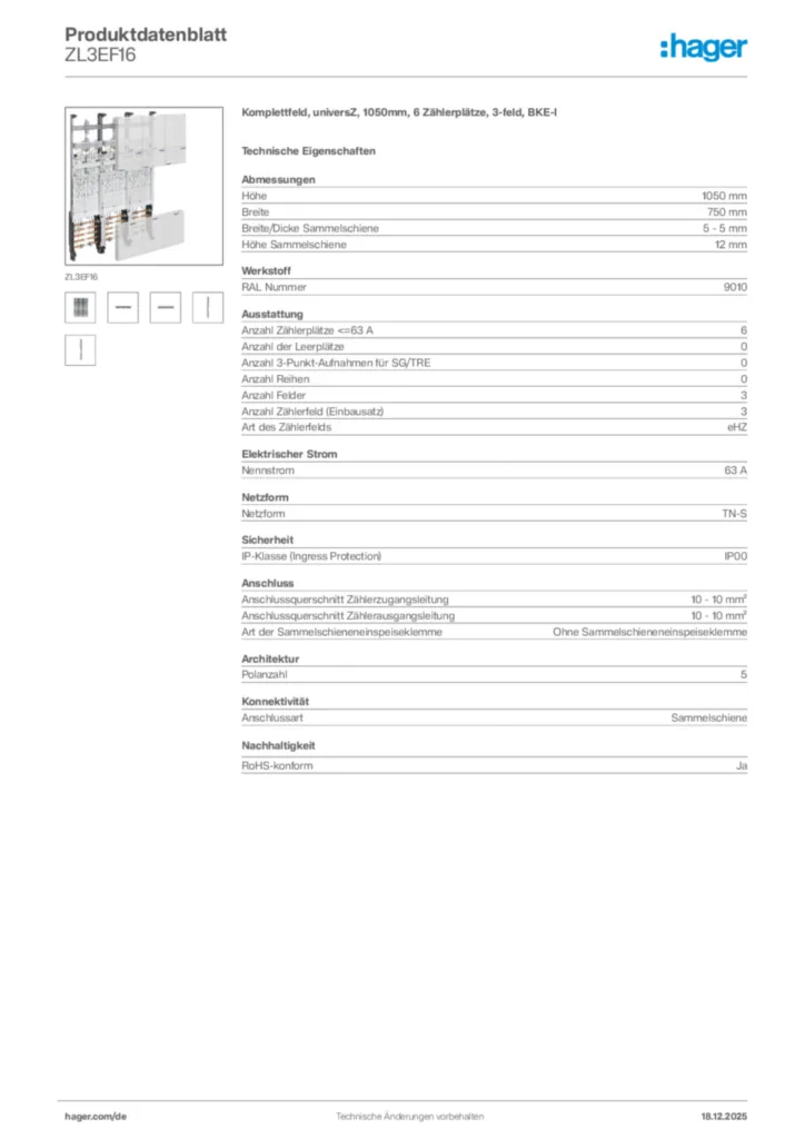 Bild Hager Produktdatenblatt ZL3EF16 | Hager Deutschland