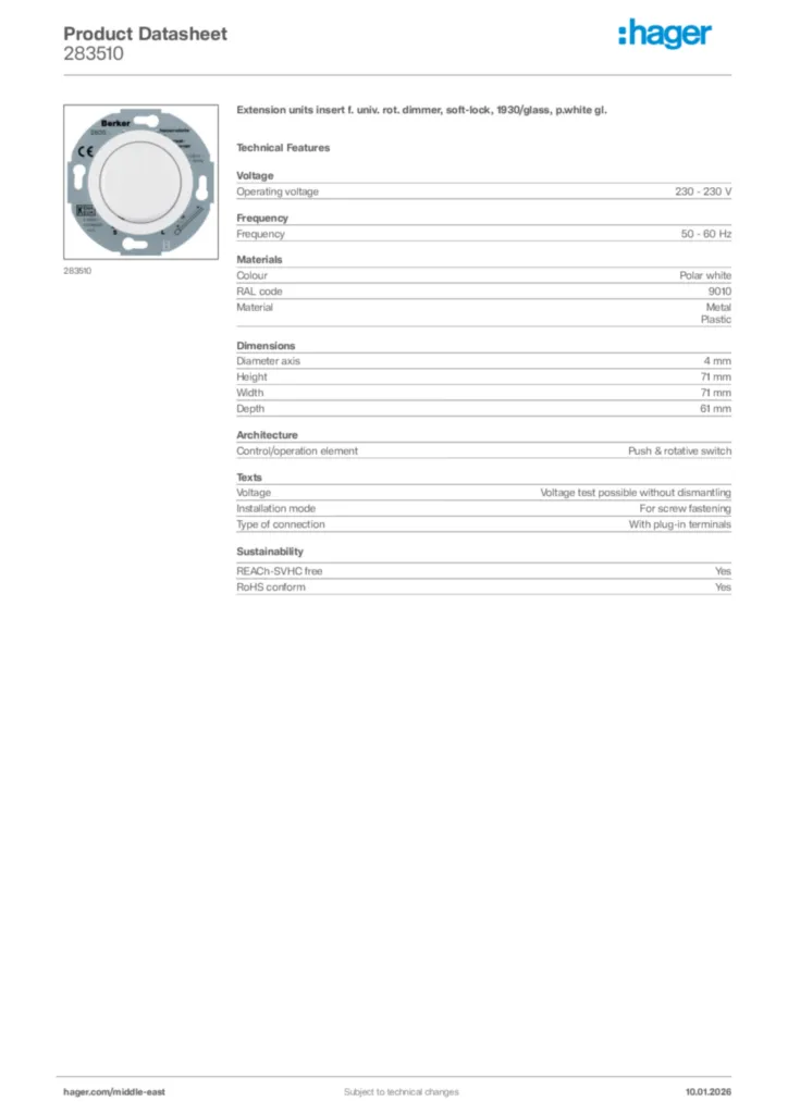 Image Hager Product data sheet 283510  | Hager