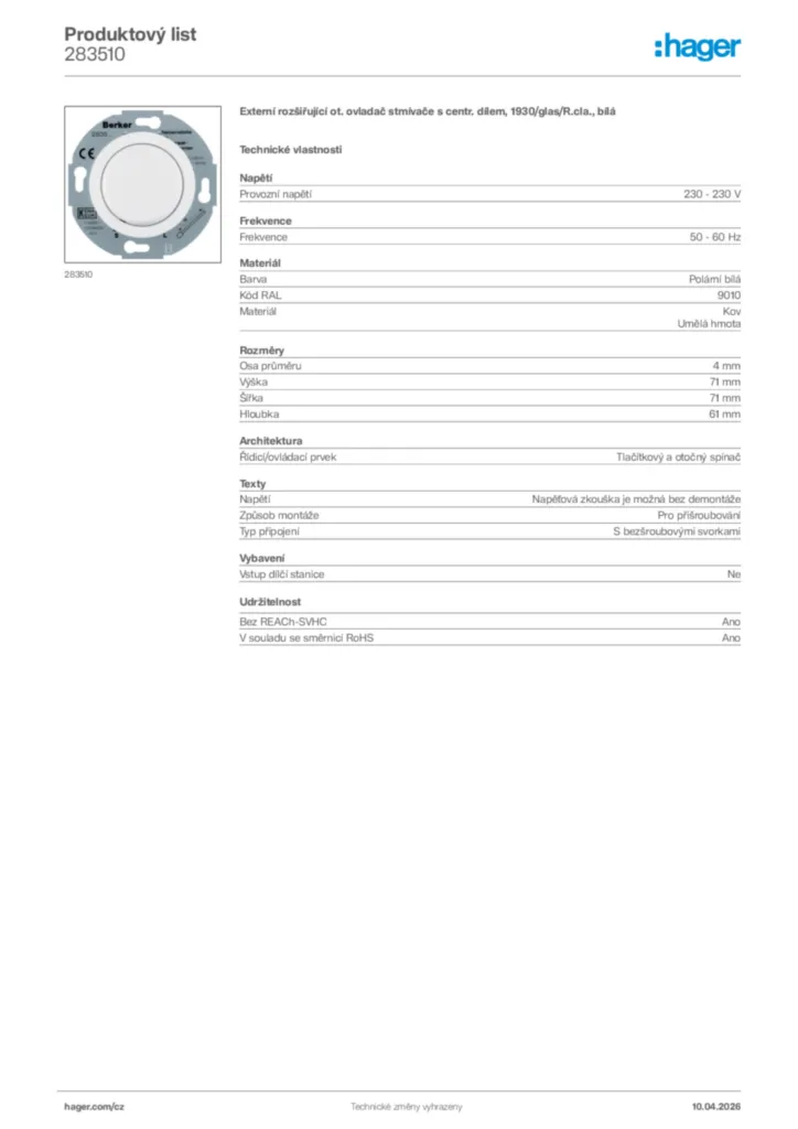 Obrázek Hager Product data sheet 283510 | Hager
